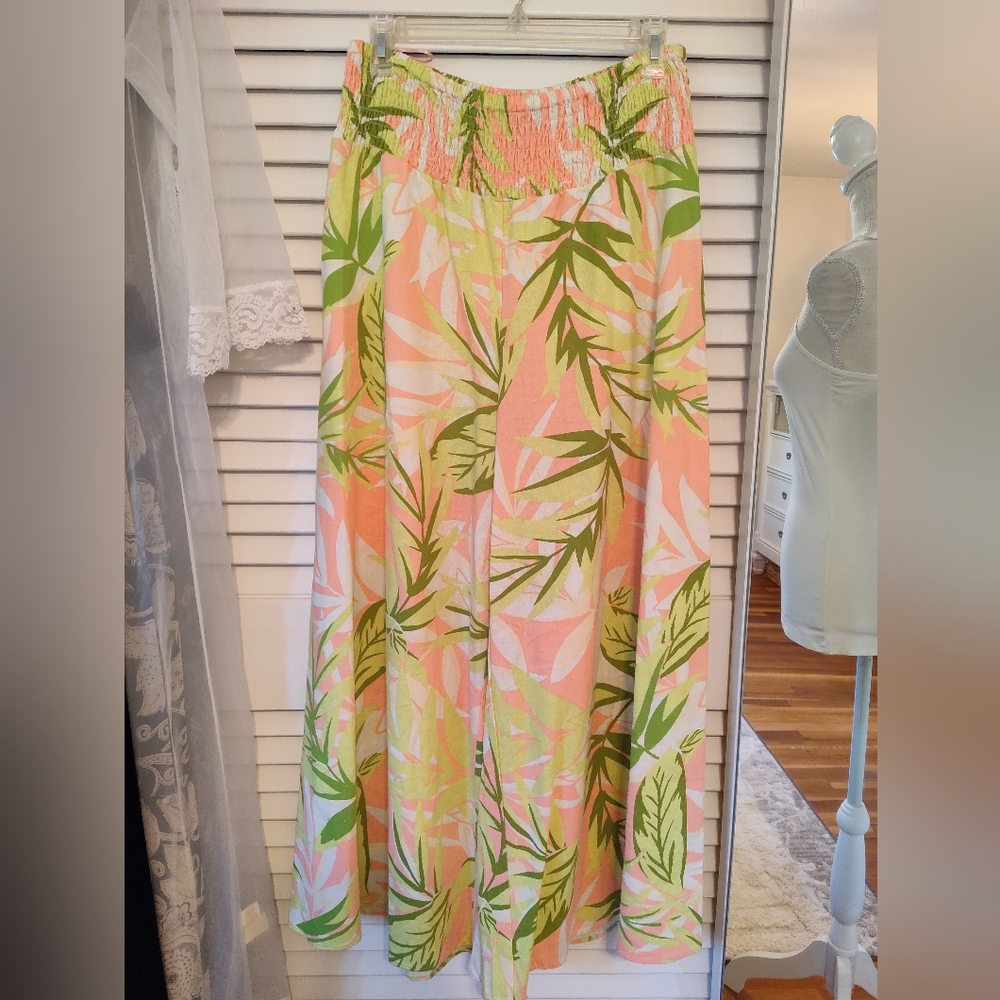 Linen wide leg tropical print pants
